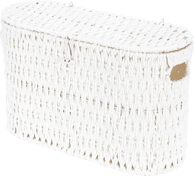 Coeusy Toilet Paper Storage Basket with Lid, Paper Rope Toilet Paper Holder for Up to 6 Mega Rolls, Wicker Basket for Bathroom Accessories Organizer, Boho Hand Woven Rattan Decorative Decor, White