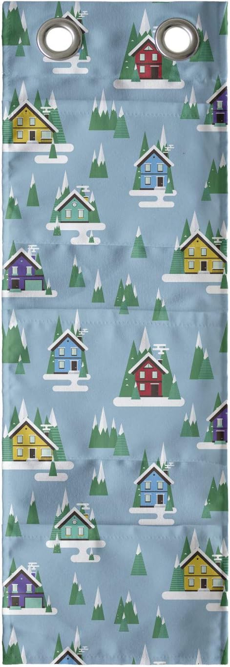 Ambesonne House Hanging Pocket Organizer, Rectangular Trilateral Homes Windows Door Knobs Snow on Pointy Trees Christmas Time, Printed Polyester Storage Bag with Pockets, 9" x 27", Multicolor