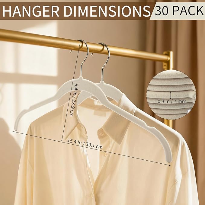 30 Pack Premium Velvet Shirt Hangers, Non-Slip Slim Flocked Felt Hangers, Space-Saving Coat Hanger with 360° Swivel Hook for Sweaters, Tops, Blouses, Strappy Dresses