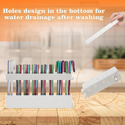 Straw Holder Straw Organizer Reusable Straw Holder Storage for Drinking Straws Cabinet Door Mounted (White)
