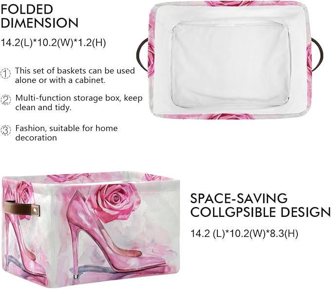 Large Storage Basket High Heel Pink Rose Storage Bin Cube Canvas Fabric Organizer Handles Collapsible for Clothes Toys Bedroom Decorative