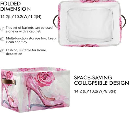 Large Storage Basket High Heel Pink Rose Storage Bin Cube Canvas Fabric Organizer Handles Collapsible for Clothes Toys Bedroom Decorative