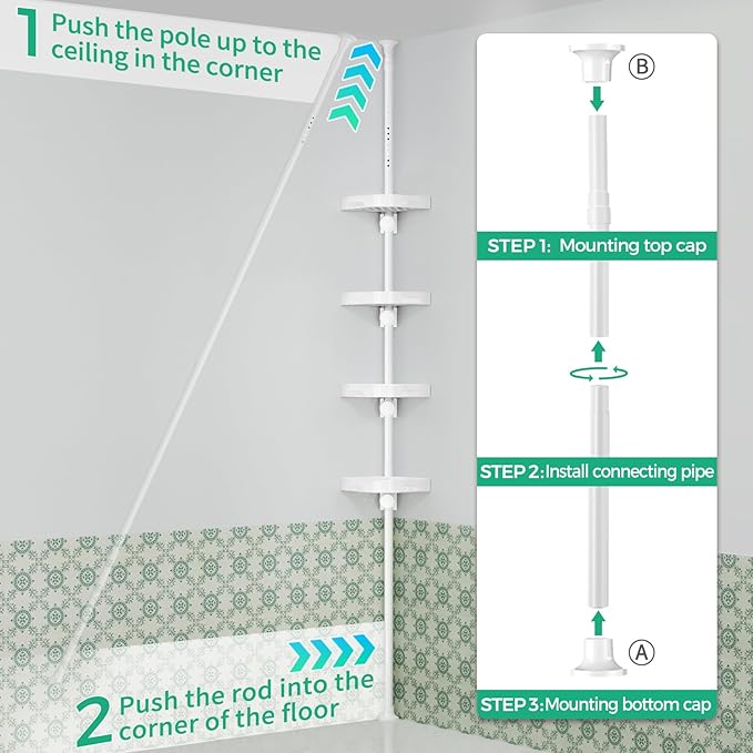 shuang qing 4-Tier Corner Shower Caddy Tension Pole Organizer - Adjustable Rustproof Metal Tension Pole, Plastic Shelves with Safety Guardrail, Bathroom Storage for Shower & Bathtub(White)