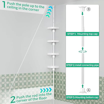shuang qing 4-Tier Corner Shower Caddy Tension Pole Organizer - Adjustable Rustproof Metal Tension Pole, Plastic Shelves with Safety Guardrail, Bathroom Storage for Shower & Bathtub(White)