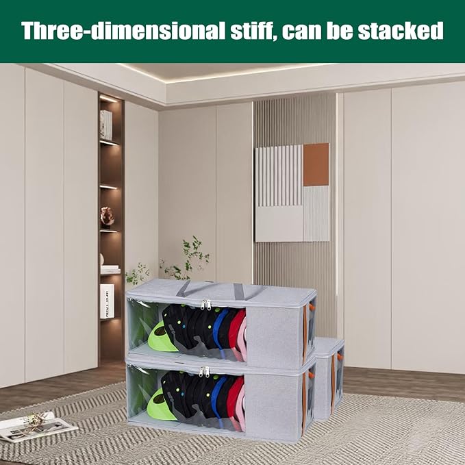 Veki Hat Organizer for Baseball Caps, Stackable Hat Storage Box, Large Capacity to Store 17 Hats, With Clear Window, Anti-Collapse, for Newsboy Cap, Baseball Cap, Hats Box Closet Storage (Grey)