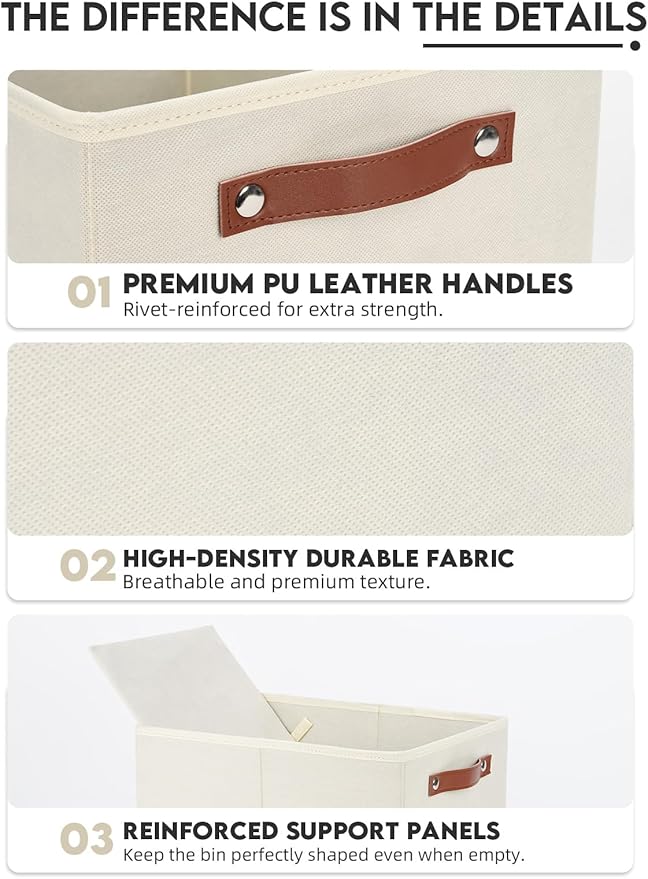 [6-Pack] Fabric Storage Bins Reinforced 2.5mm Cardboard Shelf Bins with PU Leather Handles (15x11x9.5 ) Durable Storage Baskets for Closet Organization, Toy Organizer, & Home Office Beige
