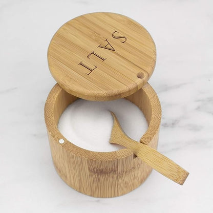 Totally Bamboo Salt Cellar Bamboo Storage Box with Magnetic Swivel Lid, 6 Ounce Capacity, Engraving on Lid, Includes Salt Spoon