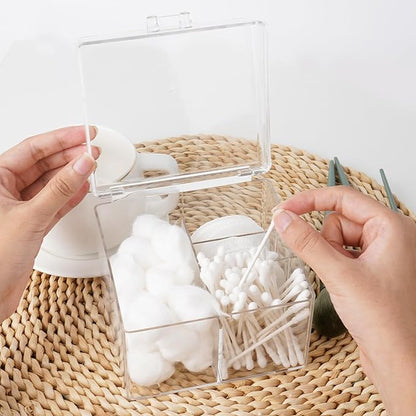 Adorila 4-Compartment Clear Organizer with Lid - Easy-Open Handle Box for Flossers, Hair Ties & Swabs - Dustproof Bathroom Storage