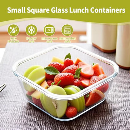 16oz Square Glass Food Storage Containers With Lids, 2 Cup Square Glass Food Containers With Lids, BPA free Small Meal Prep Bowls for leftovers, Dishwasher, Freezer Safe (8Pack)