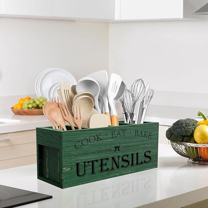 Suli Extra Large Kitchen Utensils Holder with 4 Compartments (Green)