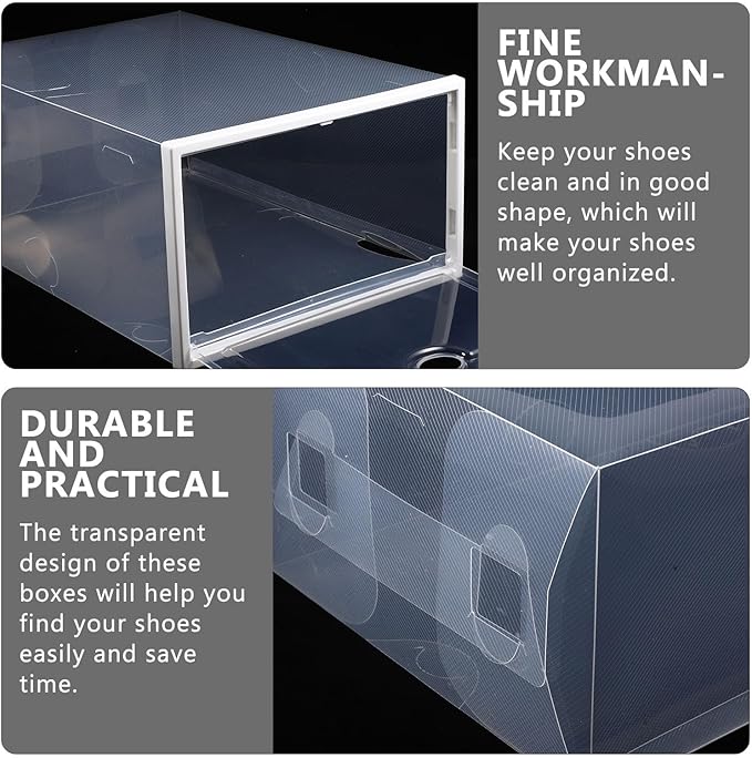 BESPORTBLE Stackable Shoe Storage Boxes Organizer with Oval Pull Handle, 33X23X14Cm White Frame Plastic Shoe Display Case, 5pcs for Men and Women Closet Storage
