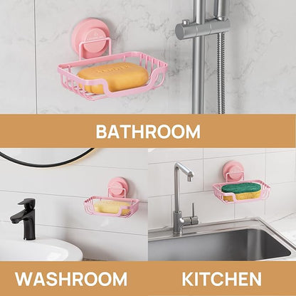 LEVERLOC Soap Dish, Soap Bar Holder for Shower Suction Cup Wall Mounted, Stainless Steel No-Drilling Removable Waterproof Sponge Holder for Bathroom Bathtub Kitchen Sink, Keep Dry, Pink