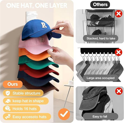 HINIHAO 2 Pack Hat Organizer for Baseball Caps, Hat Rack for Wall with Strong Adhesive, Wall Mounted Hat Hooks Hold up to 16 Hats for Closet Door and Bedroom (White)
