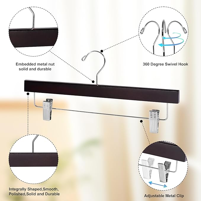 Quality Hangers Wooden Pants Hangers - 10-Pack Swivel Hook Cloth Hanger Set - Lotus Wood Skirt, Pant, Shorts and Slack Hangers with Adjustable Clip – Mahogany Clothing Hanger (Mahogany, 10)