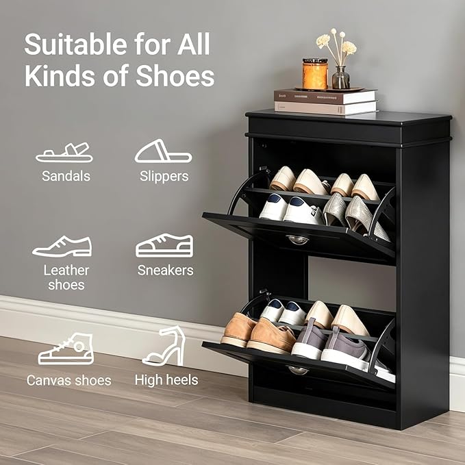 SoBuy Small Shoe Cabinet, Slim Shoe Rack 2 Flip-Drawers, Thin Shoe Storage Cupboard Organizer Unit for Entryway and Hallway, Black FSR78-SCH