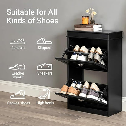 SoBuy Small Shoe Cabinet, Slim Shoe Rack 2 Flip-Drawers, Thin Shoe Storage Cupboard Organizer Unit for Entryway and Hallway, Black FSR78-SCH