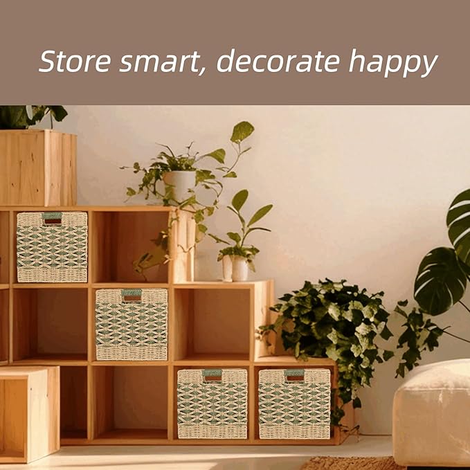 12x12 Cube Storage Bins 4-Pack - Foldable Paper Rope Organizer Baskets for 13-Inch Shelves, Heavy Duty 15-Lb Capacity for Nursery Toys & Closet
