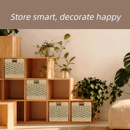 12x12 Cube Storage Bins 4-Pack - Foldable Paper Rope Organizer Baskets for 13-Inch Shelves, Heavy Duty 15-Lb Capacity for Nursery Toys & Closet