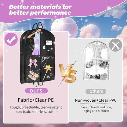 Sishynio Garment Bags for Dance Costumes 2 Pack, 43 Inch Black Kids Garment Bag with 5 Pockets, Waterproof Hanging Clothes Bag for Dance Competitions Cheer Uniform Suit Travel