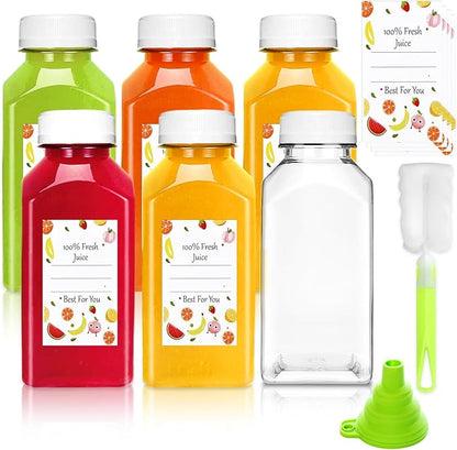 Plastic Juice Bottles with Caps 6 pcs - 8oz Reusable Juice Containers with Tamper Proof Lids White - Clear Juicing Bottles for Juicing Milk Smoothie Drinking and Other Beverages Christmas Gifts