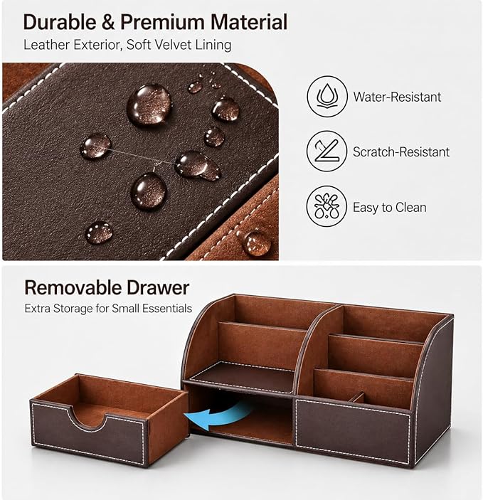 KINGFOM Cologne Organizer for Men, PU Leather Dresser Organizer with Drawer, Countertop Cologne Holder for Watch, Wallet, Keys, Sunglasses, Bathroom Bedroom Nightstand Organizer, Gifts for Men Brown