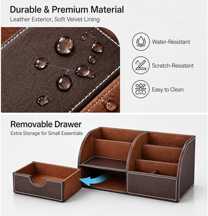 KINGFOM Cologne Organizer for Men, PU Leather Dresser Organizer with Drawer, Countertop Cologne Holder for Watch, Wallet, Keys, Sunglasses, Bathroom Bedroom Nightstand Organizer, Gifts for Men Brown