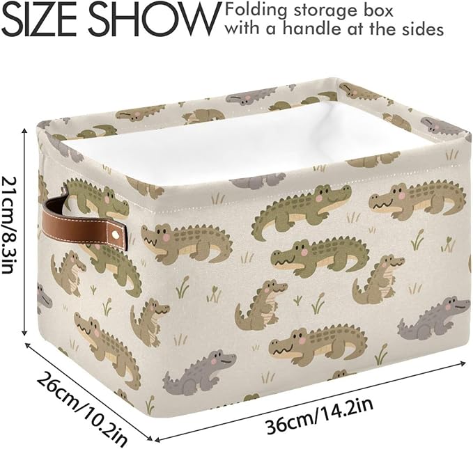 Large Storage Basket Alligator Pattern Storage Bin Cube Canvas Fabric Organizer Handles Collapsible for Clothes Toys Bedroom Decorative