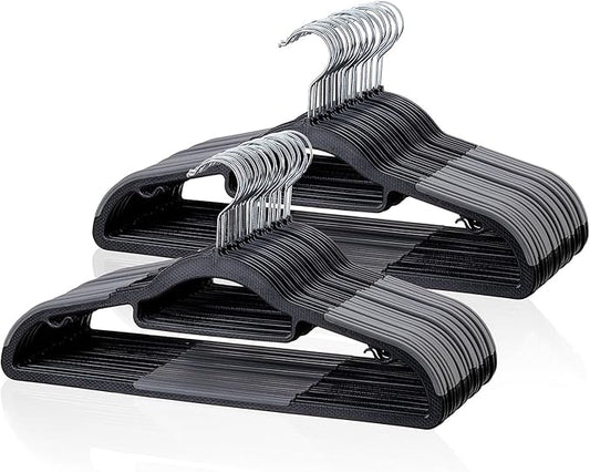 Tonswachic Heavy Duty Plastic Hangers 50 Pack, Space Saving Clothes Hangers, Non-Slip, 0.2 Inches Slim, 360° Swivel Silver Hook for Shirts, Sweaters & Pants, Black and Dark Gray