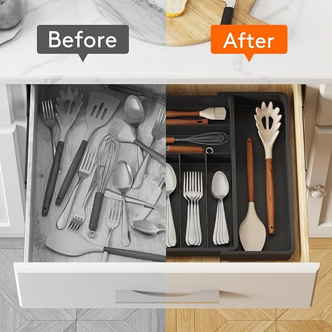 Lifewit Silverware Drawer Organizer, Expandable BPA Free Plastic Utensil Tray for Kitchen, Adjustable Flatware Cutlery Holder for Spoons Forks Knives, 13-22.3 x 16.7", Black