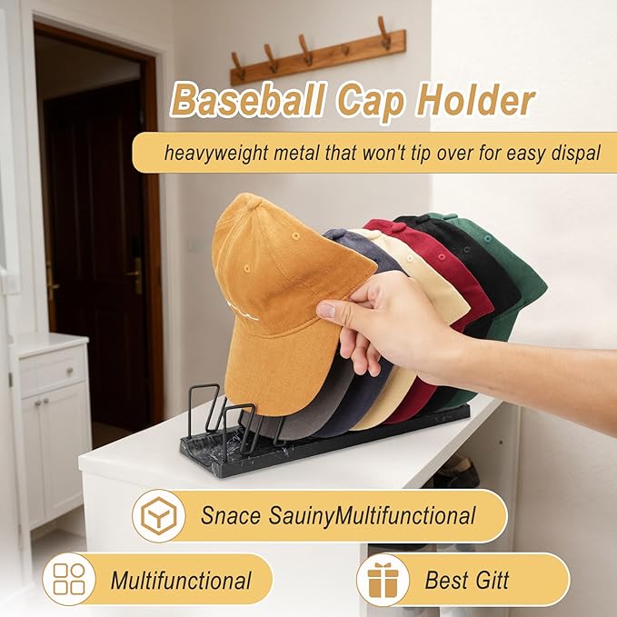 Hat Organizer for Baseball Caps – 7 Cap Holder & Display Stand, Anti-Tip Metal Tabletop Rack for Closet, Bedroom, Vanity, Quick-Install Ball Cap Storage (Black Marble)