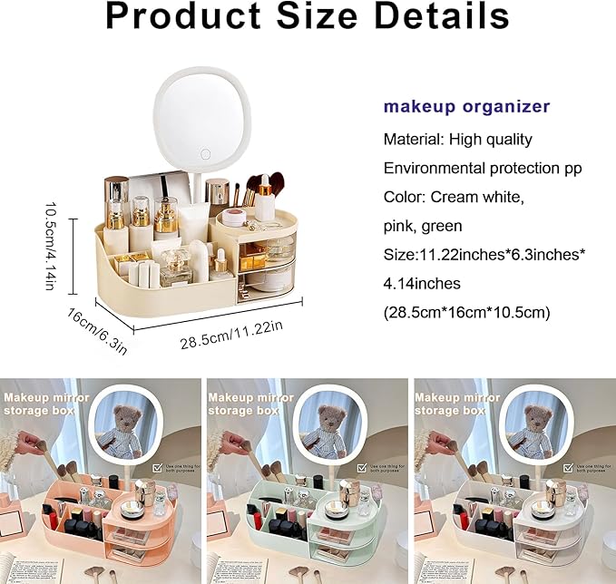 DASITON Makeup Organizer with Rechargeable Mirror,Makeup Brush Holder with 2 Drawers,Skincare and Cosmetics Organizer Countertop,Large Capacity Cosmetic Display Case for Vanity,Bedroom,Bathroom(Cream)