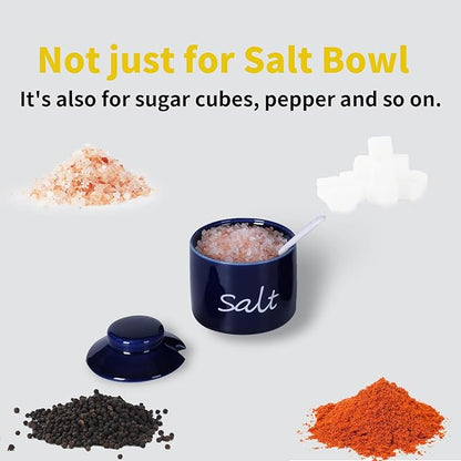 ONTUBE Farmhouse 8oz Salt Bowls with Lid and Spoon, Ceramics Condiment Pots, Seasoning Jar Spice Container for Kitchen, Dishwasher Safe (Navy)