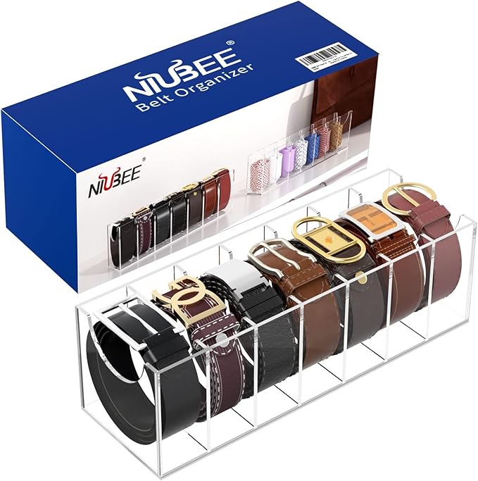 NIUBEE Belt Organizer, Acrylic Belt Storage Holder for The Closet, 7 Compartments Display Case for Tie and Bow Tie