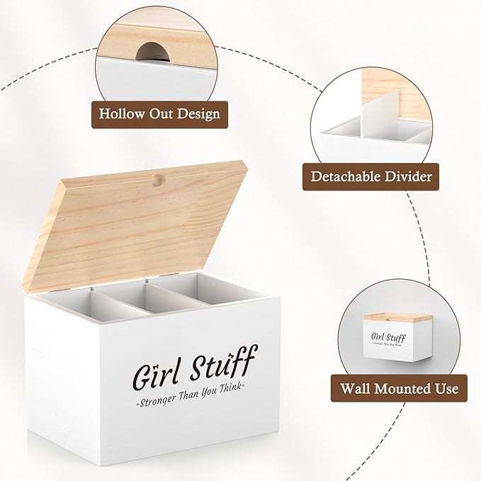 Luxspire Tampon Holder for Bathroom - Discreet Feminine Product Organizer with Lid & Wood Pad, Shark Week Tampon Storage Box, Stylish Girl Stuff Organizer for Bathroom, White