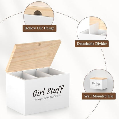 Luxspire Tampon Holder for Bathroom - Discreet Feminine Product Organizer with Lid & Wood Pad, Shark Week Tampon Storage Box, Stylish Girl Stuff Organizer for Bathroom, White