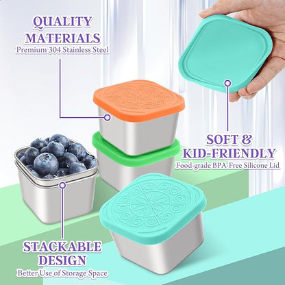 Qukaka Stainless Steel Snack Containers for Kids,7.2oz Easy Open Leak Proof Reusable Snack Box Container with Lids,Small Lunch Containers for Meal Prep,School,Picnic and Travel-3Pack