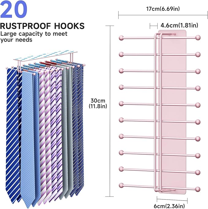 Tie Rack Wall Mounted, Tie Organizer for Men, Tie Rack Hanger for Closet Metal, Adhesive Tie Holder Organizer with 20 Hooks, Tie Storage for Wall Bedroom Living Room Dresser Room (Rose Gold)