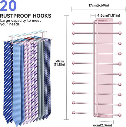 Tie Rack Wall Mounted, Tie Organizer for Men, Tie Rack Hanger for Closet Metal, Adhesive Tie Holder Organizer with 20 Hooks, Tie Storage for Wall Bedroom Living Room Dresser Room (Rose Gold)