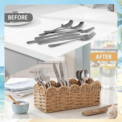 Scalloped Paper Rope Utensil Holder for Party Silverware Caddy 3 Compartment Utensil Basket Small Cutlery Holder for Party Kitchen Table Countertop Spoon Knives Fork Flatware Caddy Basket