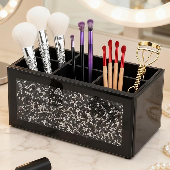 SHYFOY Black Makeup Brush Holder Organizer, 6 Slots Glass Makeup Cosmetics Organizers and Storage for Vanity Countertop
