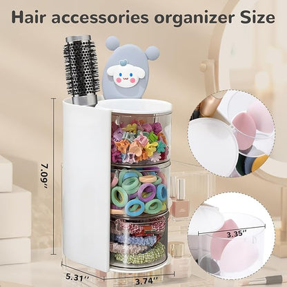 Rotating Hair Accessory Organizer, 3-Tier Transparent Storage Container with Makeup Brush Holder, Hair Clip and Jewelry Display Stand, Office organizer
