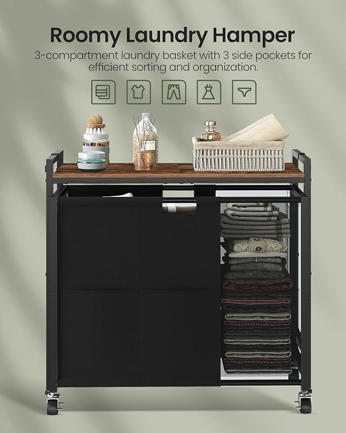CHOEZON Laundry Sorter, Laundry Hamper with Storage Shelf, Mobile 2-in-1 Basket Organizer, 120 L Rolling Hamper, Large Bags and Movable Wheels, Metal Frame, Rustic Brown and Black TXY01BF