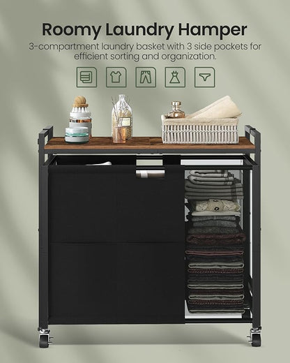CHOEZON Laundry Sorter, Laundry Hamper with Storage Shelf, Mobile 2-in-1 Basket Organizer, 120 L Rolling Hamper, Large Bags and Movable Wheels, Metal Frame, Rustic Brown and Black TXY01BF