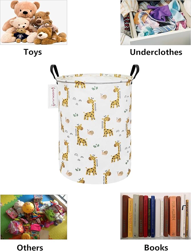 QUEENLALA Large Storage Basket,Laundry Hamper/Bathroom/Home Decor/Collapsible Round Storage Bin,Boys and Girls Hamper/Boxes/Clothing(Round-Yellow Giraffe)