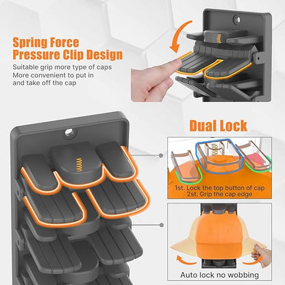 Hat Organizer for Baseball Caps 2-Pack, Hat Rack for Wall with Built-in Spring Clips, Wall Mount Closet/Door Hat Rack Holder, Cap Storage Display Hanger, Adhesive & Screws, Matte Black