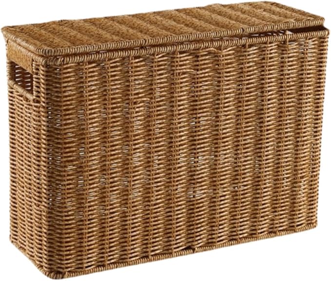 Nesting Rectangle Wicker Basket with Lid, Narrow and Tall Storage Box, Lightweight Decorative Storage Bin with Handle, Hand-Woven Magazine Holder for Bedroom Study Small Corner, L