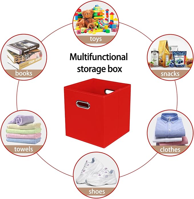 Fabric Cloth Storage Bins,Fabric Cube Bins Organizer with Dual Handles Foldable Cube Storage Baskets for Home Bedroom Storage,Set of 6,(Red)