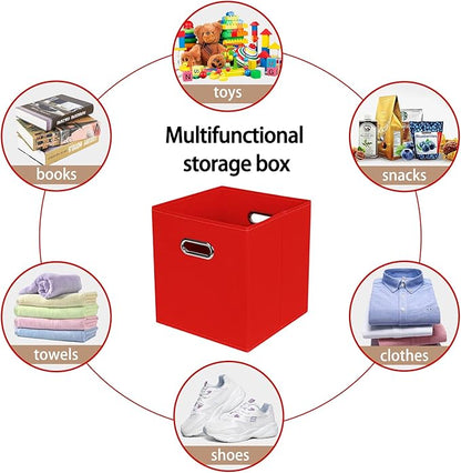 Fabric Cloth Storage Bins,Fabric Cube Bins Organizer with Dual Handles Foldable Cube Storage Baskets for Home Bedroom Storage,Set of 6,(Red)