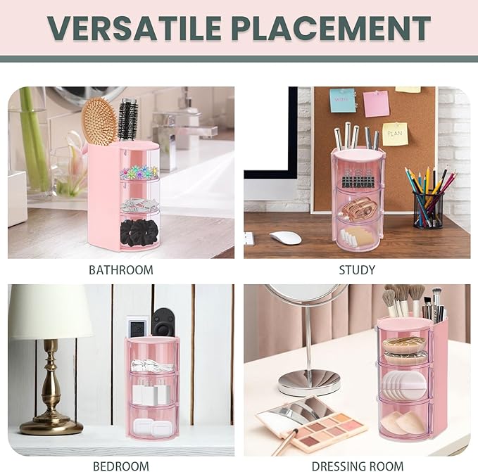 2 Pack Hair Accessories Organizer with Hair Brush Holder, 3-Tier Clear Rotatable Drawer Makeup Sponge Holder, Bathroom Qtip Cotton Swab/Pad/Ball Dispenser Jewelry Box (Pink)