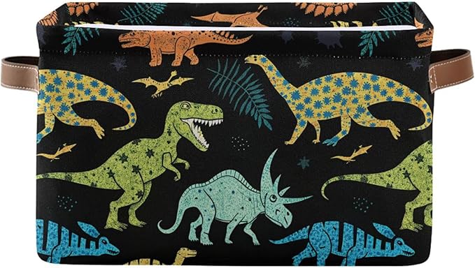 Dinosaur Pattern Storage Basket Bin, Large Cube Storage Box Canvas Collapsible Storage Organizer for Home Office Closet - 15 L x 11 W x 9.5 H